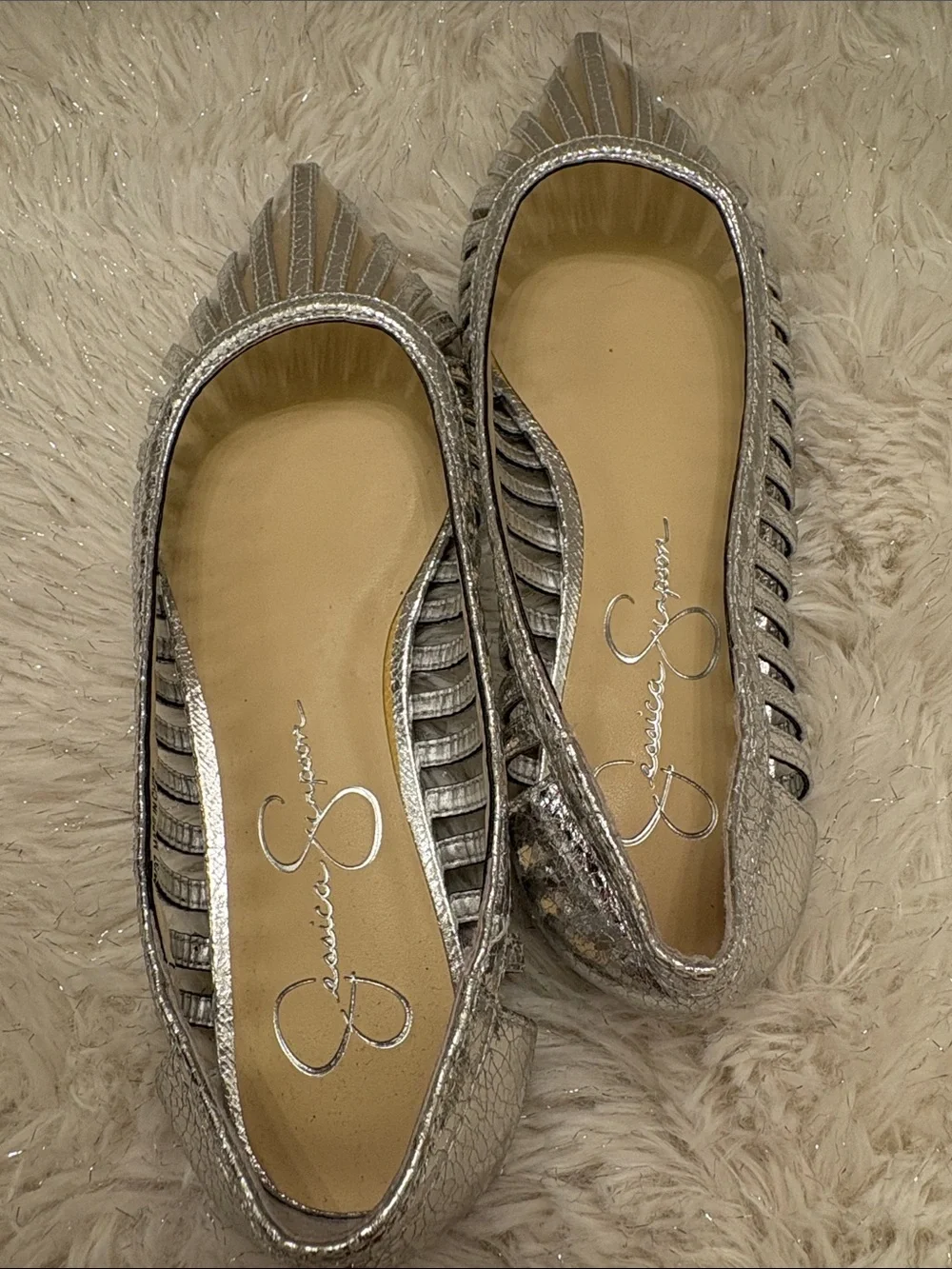 Jessica Simpson Silver Metallic Cutout Pointed Toe Flats
